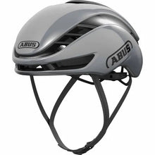 Load image into Gallery viewer, Gray bicycle helmet with ABUS branding on a white background