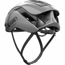 Load image into Gallery viewer, Gray bicycle helmet with a visible brand logo on a white background